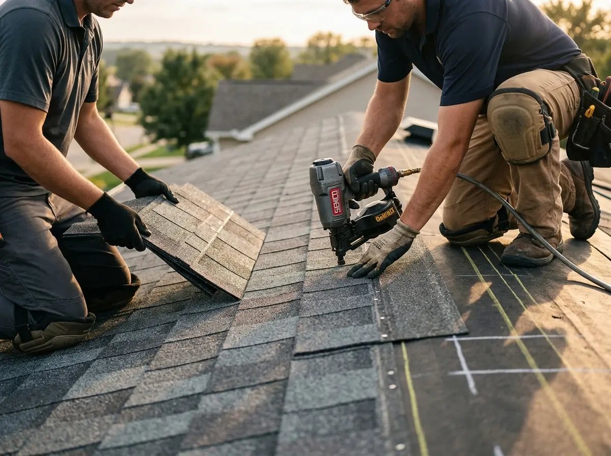 Professional roofer working on a residential roof in Lloyd